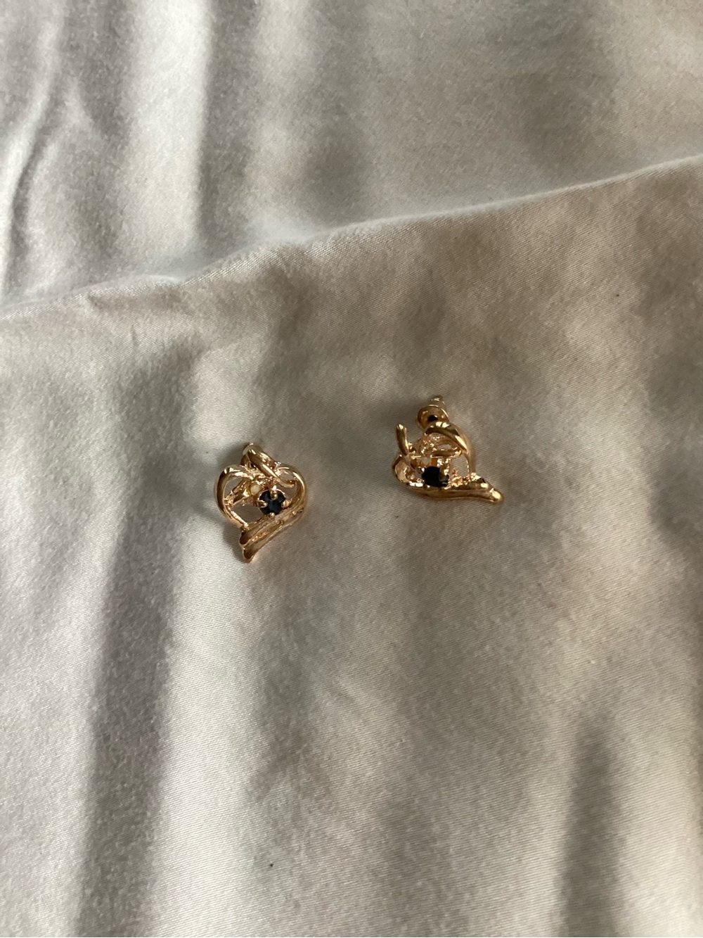 Gold Heart Stud Earrings with Black Stone